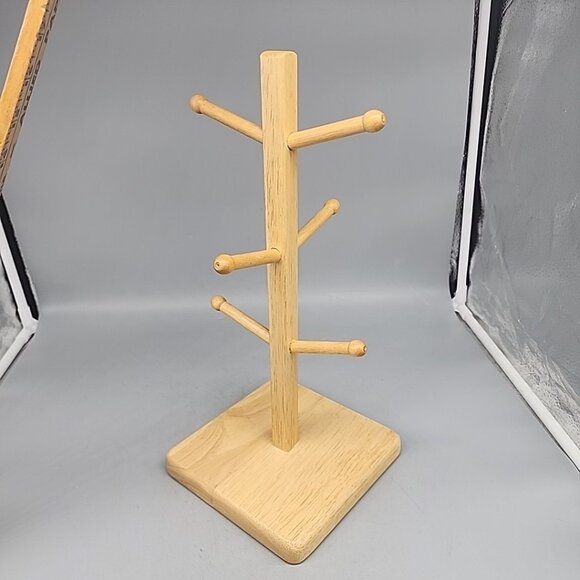 Vintage SOLID WOOD MUG TREE 16" with 6 DOWEL PEGS German Pretzel Holder - Picture 2 of 3